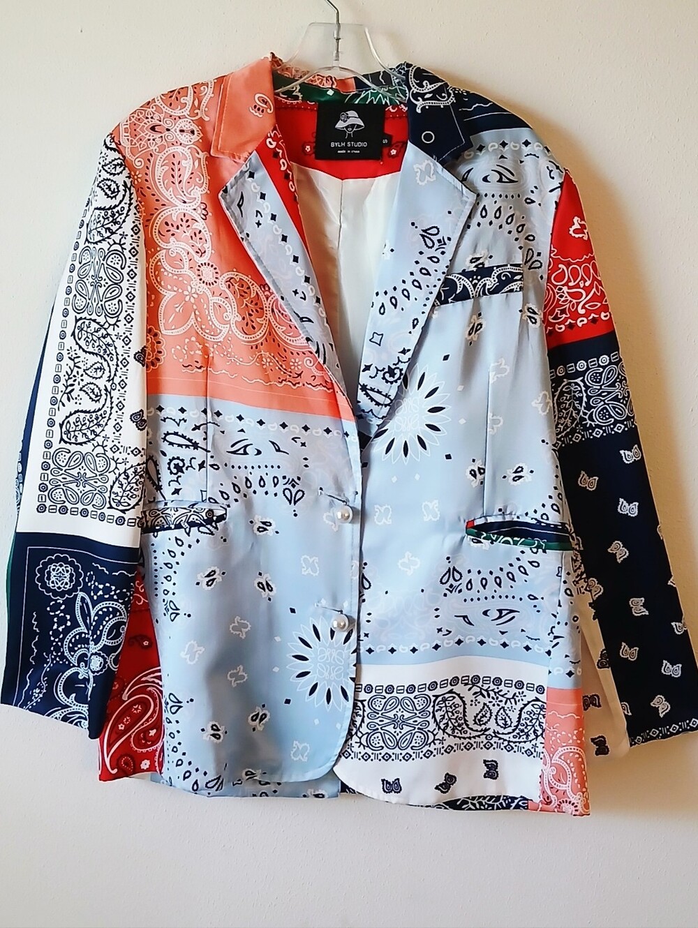 Bylh Studio Multi- Colored Patchwork Bandana Blazer Pear Buttons Size Small - Picture 9 of 9